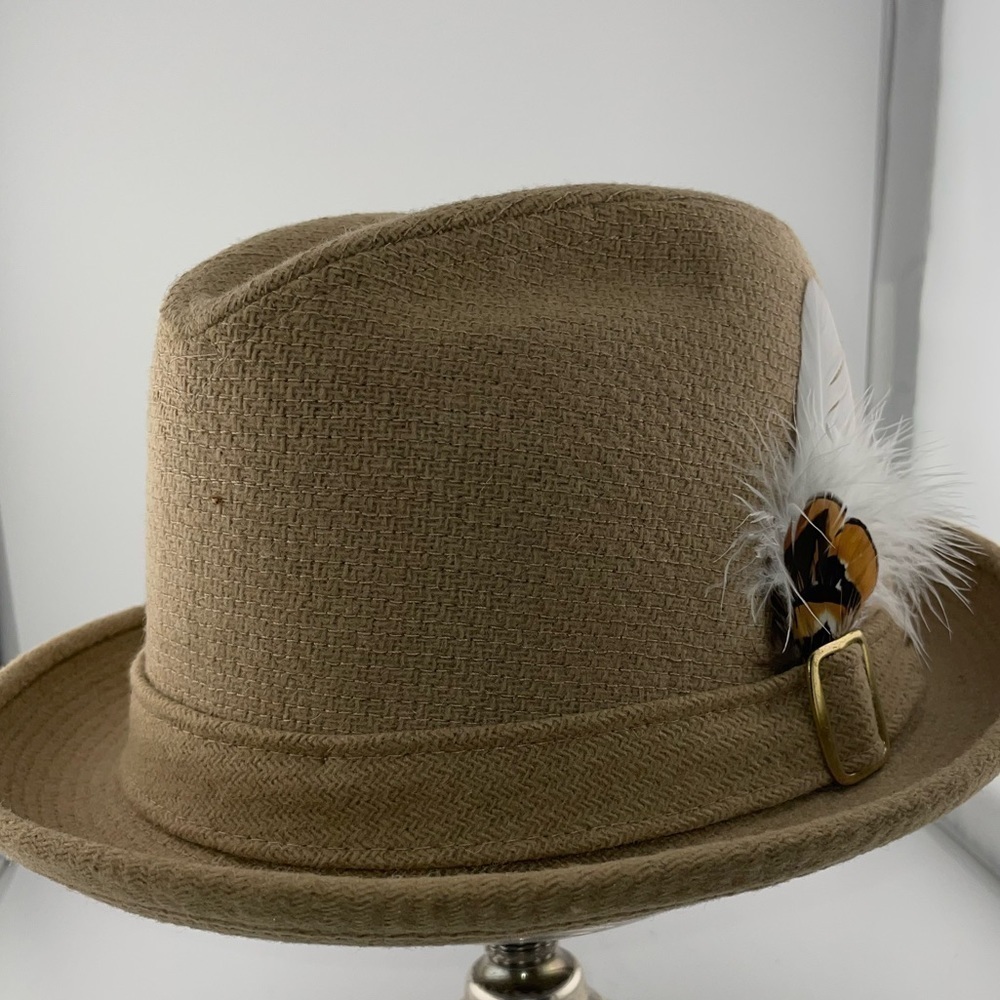 KNOX NEW YORK TAN FEDORA HAT SIZE 7 1/8 WITH FEATHER - Picture 9 of 9